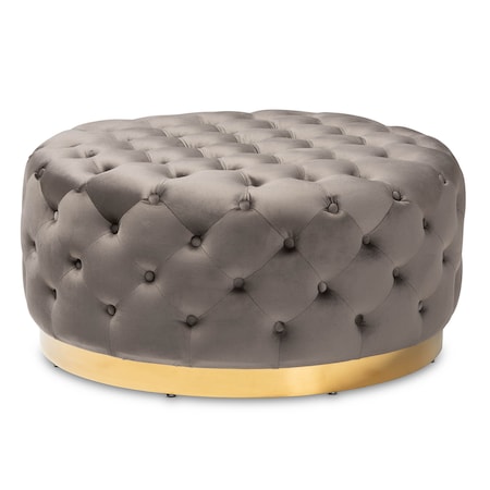 Baxton Studio Sasha Grey Velvet Upholstered Gold Finished Round Cocktail Ottoman 163-10569